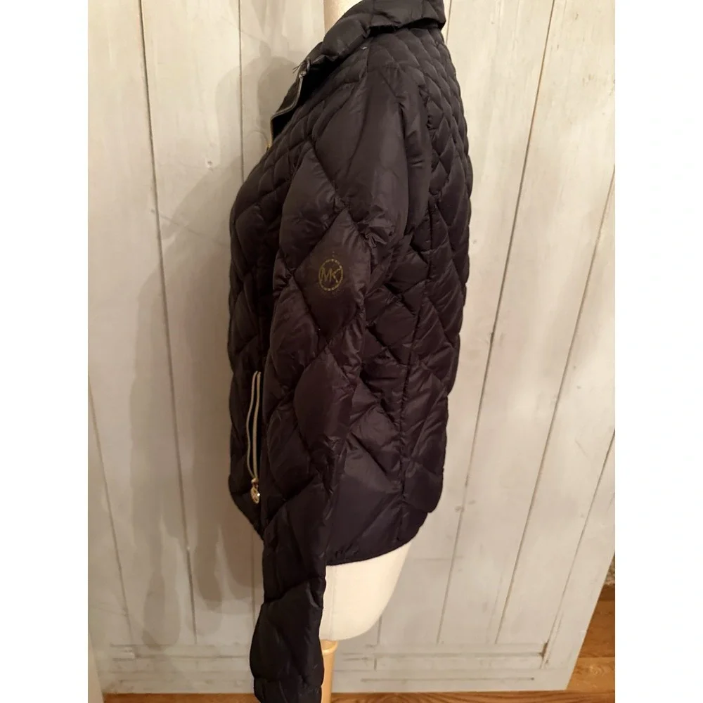 Michael Kors Down Fill Quilted Packable Black Full Gold Zip Puffer Coat Jacket S